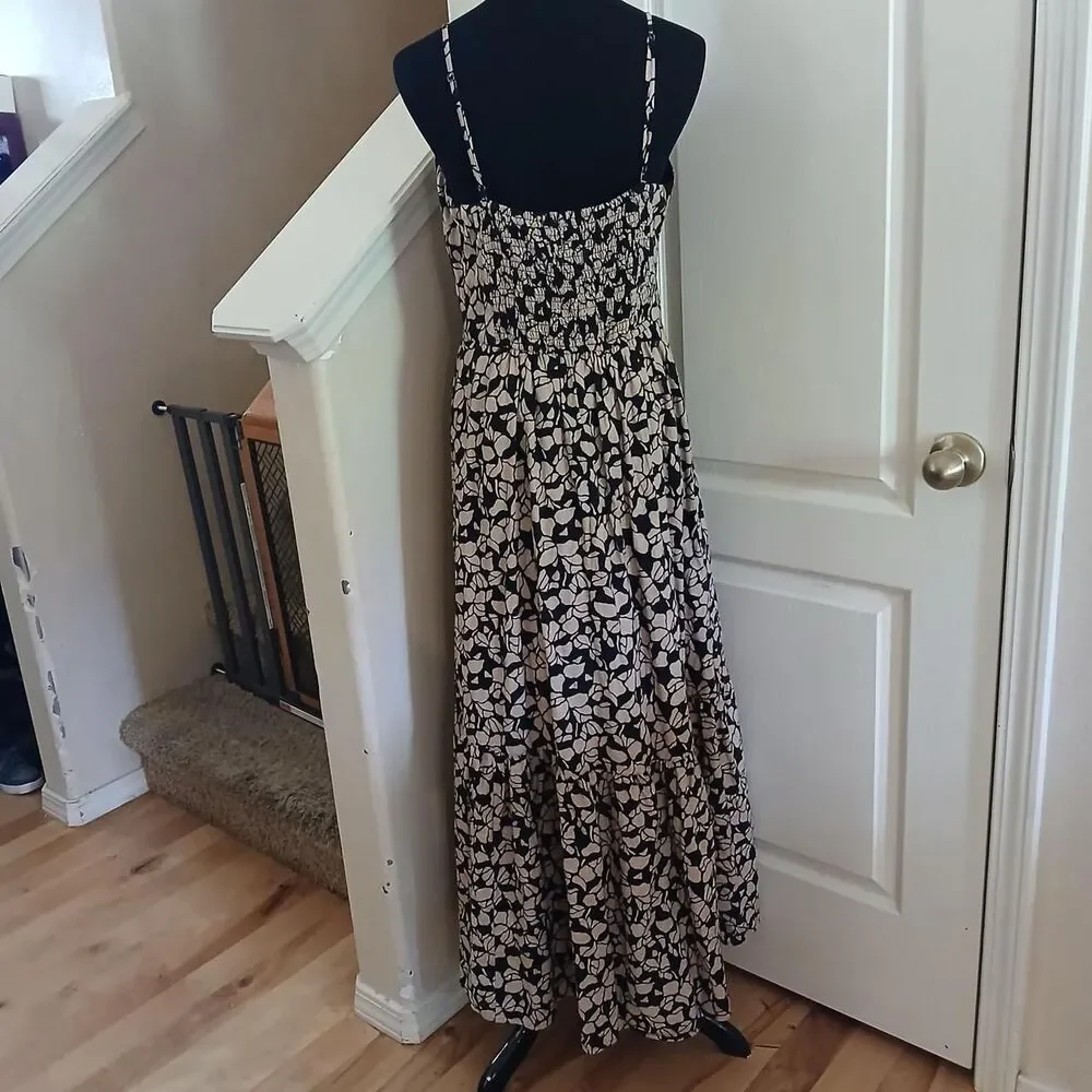 Abercrombie & Fitch Linen & Cotton Blend Black/Tan Floral Button Up Maxi Dress L